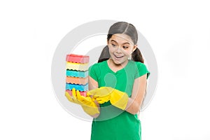 Help clean up. Accessory for cleaning. Housekeeping duties. Wash dishes. Cleaning with sponge. Cleaning supplies. Girl