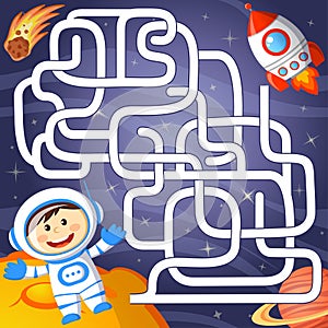 Help cosmonaut find path to rocket. Labyrinth. Maze game for kid