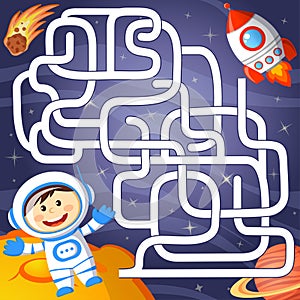 Help cosmonaut find path to rocket. Labyrinth. Maze game for kid photo