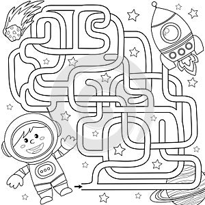 Help cosmonaut find path to rocket. Labyrinth. Maze game for kids. Black and white vector illustration for coloring book