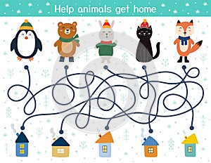 Help the cute animals find their homes. Winter maze game for kids. Preschool activity page