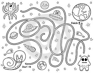 Help a cute snail astronaut find a way to the Earth. Black and white space maze for kids