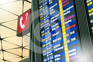 Help desk information sign or question service point and check in airport departure and arrival information sign board in airport