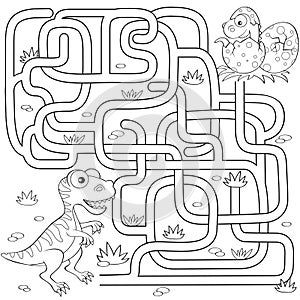 Help dinosaur find path to nest. Labyrinth. Maze game for kids. Black and white vector illustration for coloring book