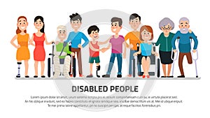 Help disabled person. Happy disability people, young student in wheelchair, handicapped boy with group of friends vector photo