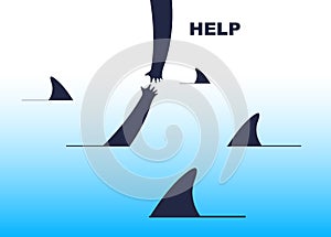 Help and empathy concept two hands helping one another to get out from sea full of sharks vector simple minimal illustration, care
