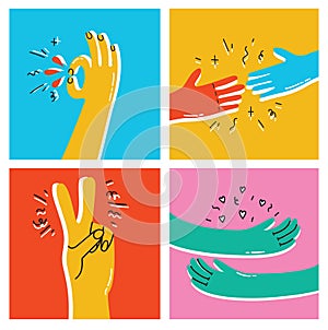 Help and empathy concept two hands helping one another vector simple minimal illustration, friendship understanding