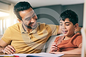 Help, father and boy with homework, notebook and conversation with education, learning and knowledge. Family, dad and