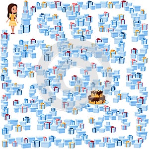 Help the girl find her way to the birthday cake in the maze of gift boxes. Children`s picture with a riddle in the maze