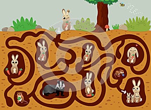 Help the hare find the way to his family in burrow under the ground. Vector color maze or labyrinth game for preschool children.