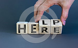 Help is here symbol. Businessman turns cubes and changes the word help to here. Beautiful grey background, copy space. Business,