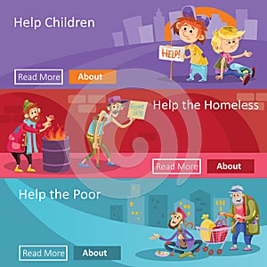 Help for homeless and poor people illustration web banners for social charity project or organization