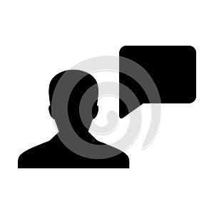 Help icon vector male person profile avatar with speech bubble symbol for discussion and information in flat color glyph pictogram