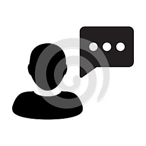 Help icon vector male person profile avatar with speech bubble symbol for discussion and information in flat color glyph pictogram