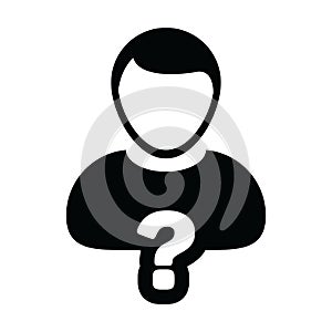 Help icon vector question mark with male user person profile avatar symbol for a solution in a glyph pictogram