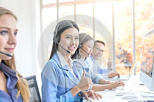 Help line answering and telemarketing. Female caller or receptionist phone operator.