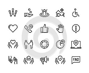 Help line icons. Support health care, manual faq guide, family life care community charity donate. Help and support set