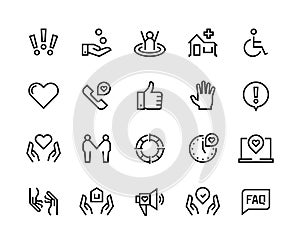 Help line icons. Support health care, manual faq guide, family life care community charity donate. Help and support set photo