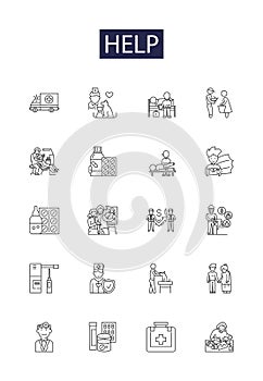 Help line vector icons and signs. Assist, Support, Guide, Backing, Facilitate, Resolve, Lend, Back outline vector