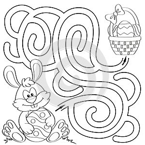 Help little bunny find path to easter basket with eggs. Labyrinth. Maze game for kids. Black and white illustration for coloring
