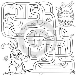 Help little bunny find path to Easter basket with eggs. Labyrinth. Maze game for kids. Black and white vector illustration for col