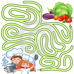 Help little chefs find path to vegetable. Labyrinth. Puzzle. Maze game for kids