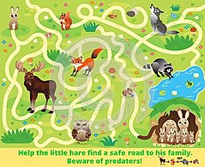 Help the little hare find a safe road to his family. Beware of predators! Color maze or labyrinth game for children. Puzzle.
