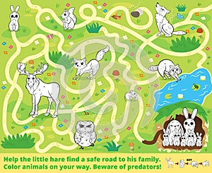 Help the little hare find a safe road to his family. Color animals on your way. Beware of predators! Coloring maze or labyrinth photo