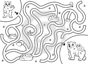 Help the little lost bear find the way to his mom. Cartoon maze or labyrinth game for preschool children. Puzzle. Tangled road.