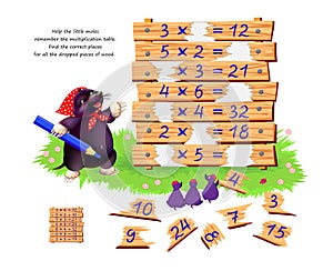 Help the little moles remember the multiplication table. Find the correct places for all the dropped pieces of wood. Logic puzzle