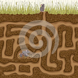 Help the little mouse find his family in the hole. Children`s game picture puzzle