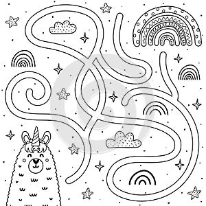 Help the llamacorn get to the rainbow. Black and white maze game