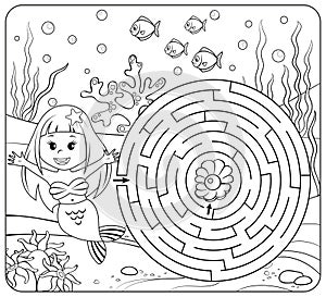 Help mermaid find path to pearl. Labyrinth. Maze game for kids. Coloring page