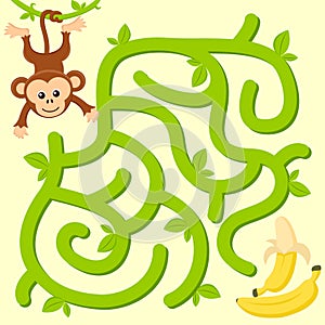 Help monkey find path to banana. Labyrinth. Maze game for kids