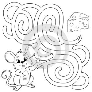 Help mouse find path to chees. Labyrinth. Maze game for kids. Black and white illustration for coloring book