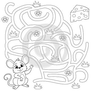Help mouse find path to chees. Labyrinth. Maze game for kids. Black and white illustration for coloring book