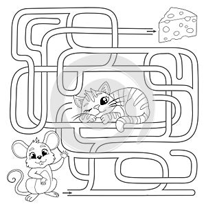 Help mouse find path to chees. Labyrinth. Maze game for kids. Vector black and white illustration for coloring book