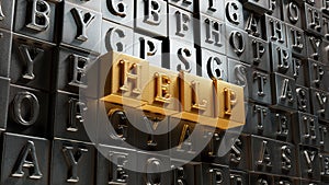 help.Movable type printing spelling.Flat lay view from above on Movable type printing buttons.