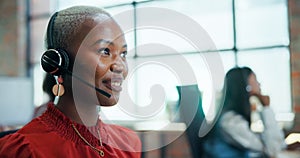 Help, office and black woman in customer service at call center for crm, b2b networking and sales. Telemarketing, chat
