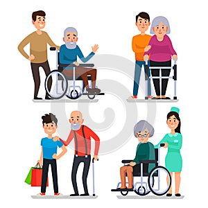 Help old disabled people. Social worker of volunteer community helps elderly citizens on wheelchair, senior with cane vector