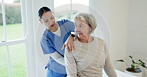 Help, physiotherapy and doctor with old woman, conversation and recovery with consultation. Pensioner, elderly person