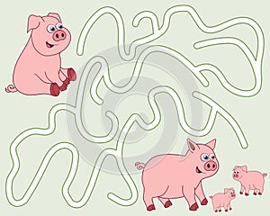 Help the pig find the pathway to family. Logic Game for kids learning farm animals. Entry and exit. Labyrinth with solution.