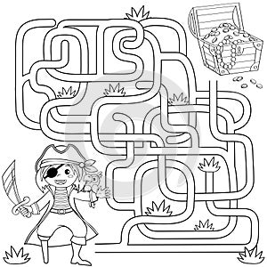 Help pirate find path to treasure chest . Labyrinth. Maze game for kids. Black and white vector illustration for coloring book