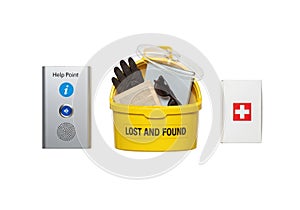 Help point, lost and found bin, and first aid kit for safety