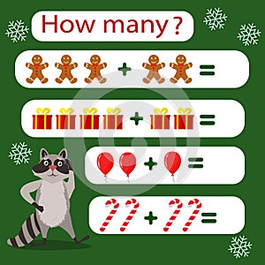 Children`s Christmas vector illustration with a math game. Count the mathematical examples, how many items