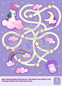 Help the Rainbow Unicorn collect all the stars in a single line without repeating the path twice. Color maze or labyrinth game for