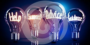Help, support, advice, guidance - shining four light bulbs - 3D illustration
