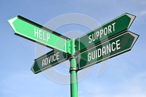 Help, support, advice, guidance - green signpost with for arrows photo