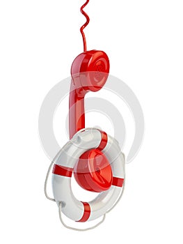 Help or support service concept. Telephone reciever and lifebouy