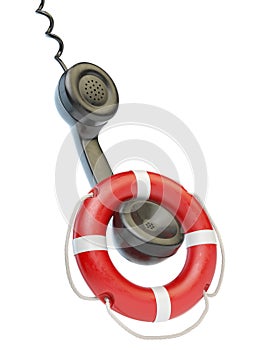 Help or support service concept. Telephone reciever and lifebouy isolated on white. photo